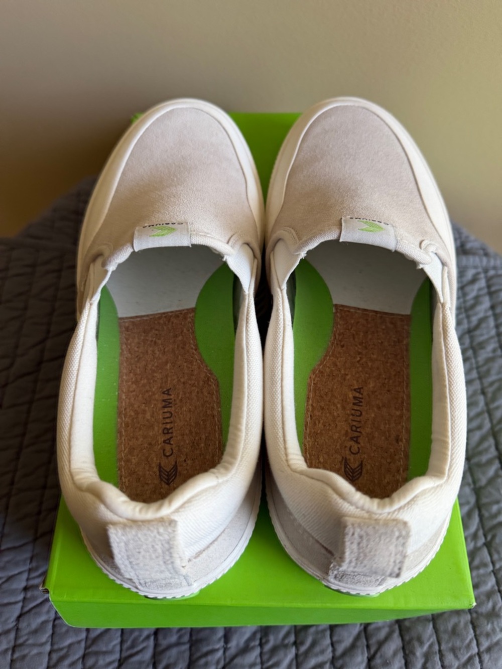 Cariuma Slip-On Sneakers in Beige and White with Lime Accents - Picture 4 of 4